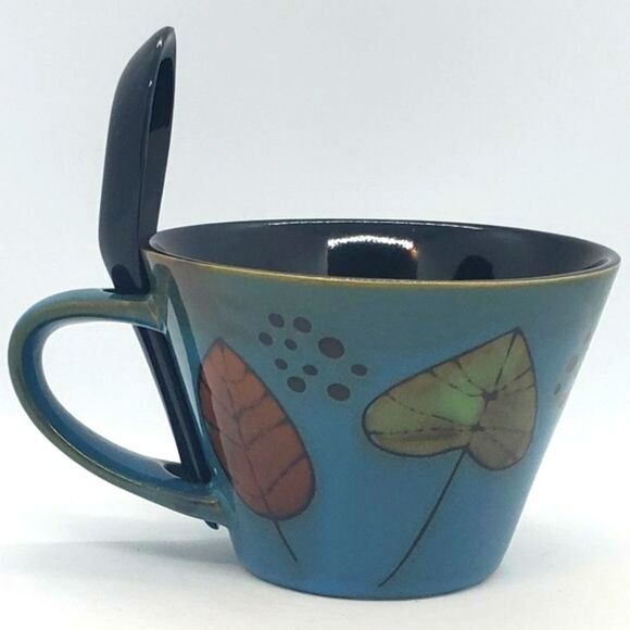 Blue Black Leaf Design Stoneware Soup Mug with Spoon - Picture 11 of 11
